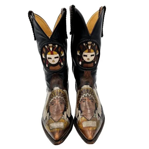 Custom 9D Hand Tooled/ Painted Native American Chief boots Vintage 1995 Western - Picture 5 of 16